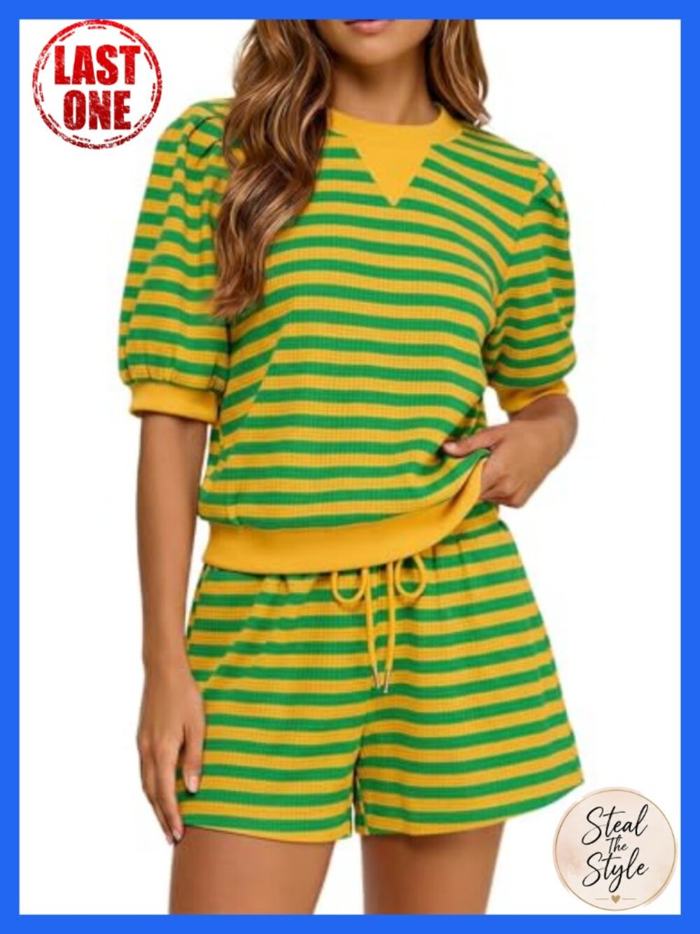 Striped Puff Sleeve 2 Piece Short Set Drawstring Lounge